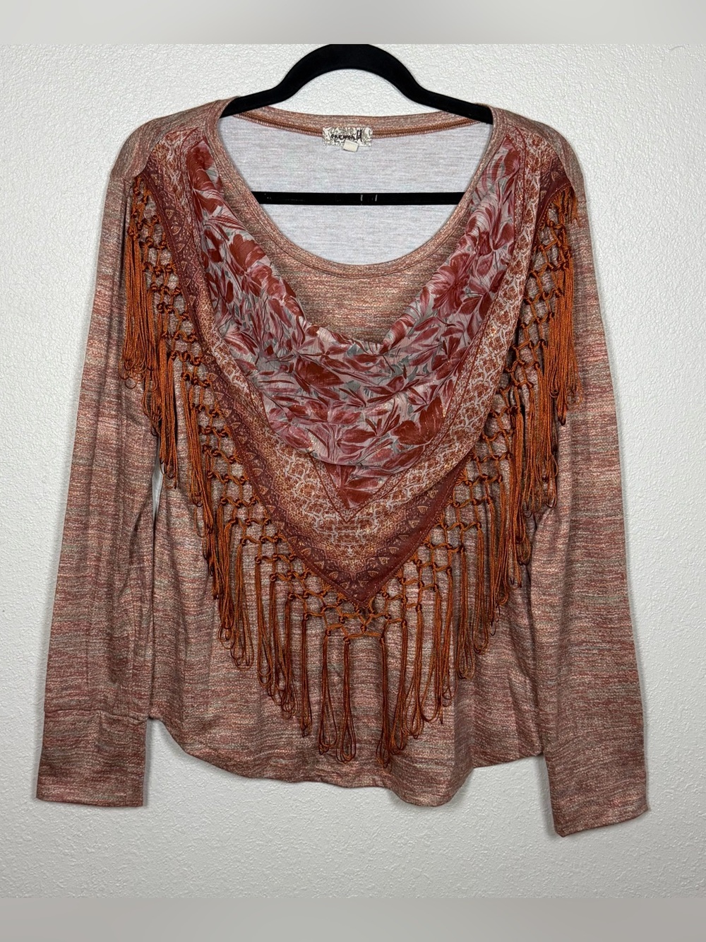 Rust Marled Scoop Neck Scarved Fringe Long Sleeve Top M Fall Autumn Western Boho